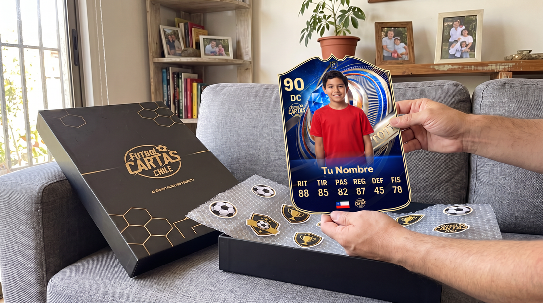 Sacando una carta FIFA personalizada de su caja negra y dorada de Fútbol Cartas Chile, con papel de burbujas y stickers de regalo