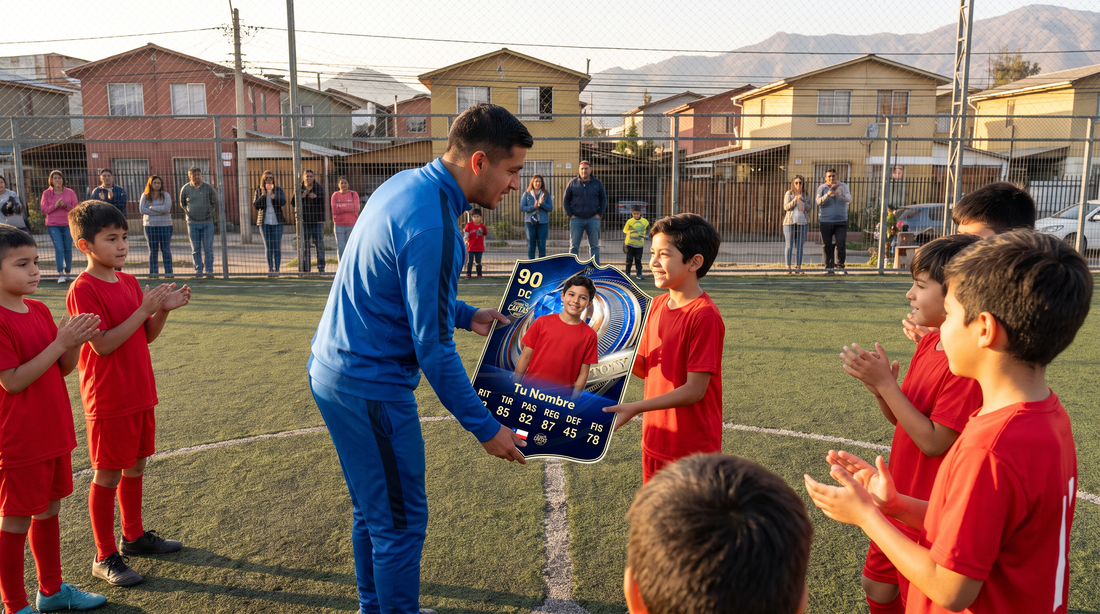 Entrenador entregando una carta FIFA personalizada a un niño de su equipo de fútbol