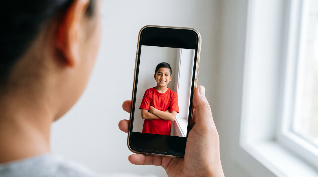 Sacando con el celular la foto de un niño para su carta FIFA personalizada