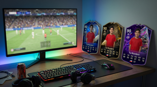 Cartas de fútbol TOTY, TOTW y Future Stars en un escritorio gamer