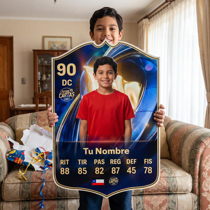 Niño feliz con su carta personalizada Team of the Season FC26 de regalo
