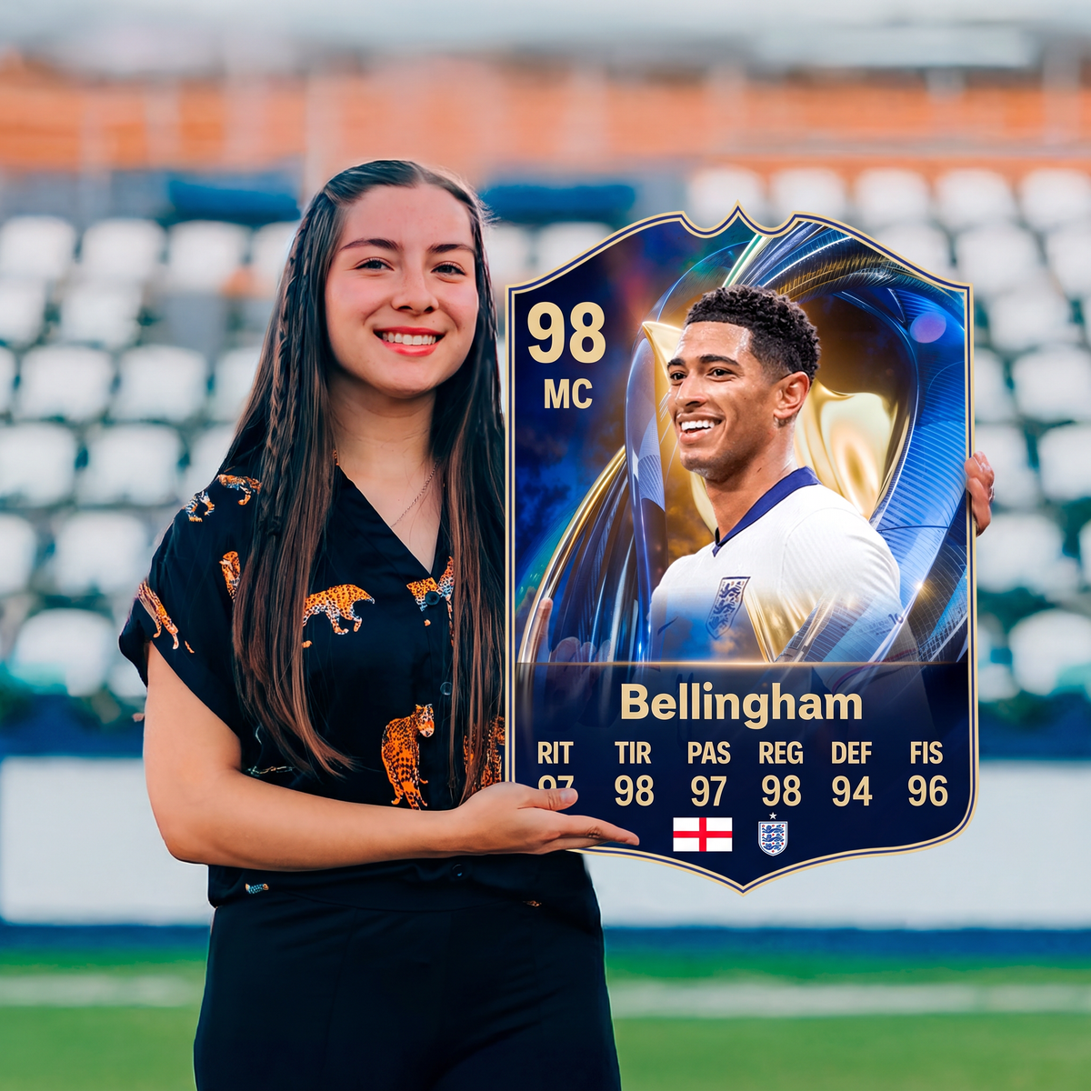 Carta Bellingham TOTS FC26 sostenida en un estadio