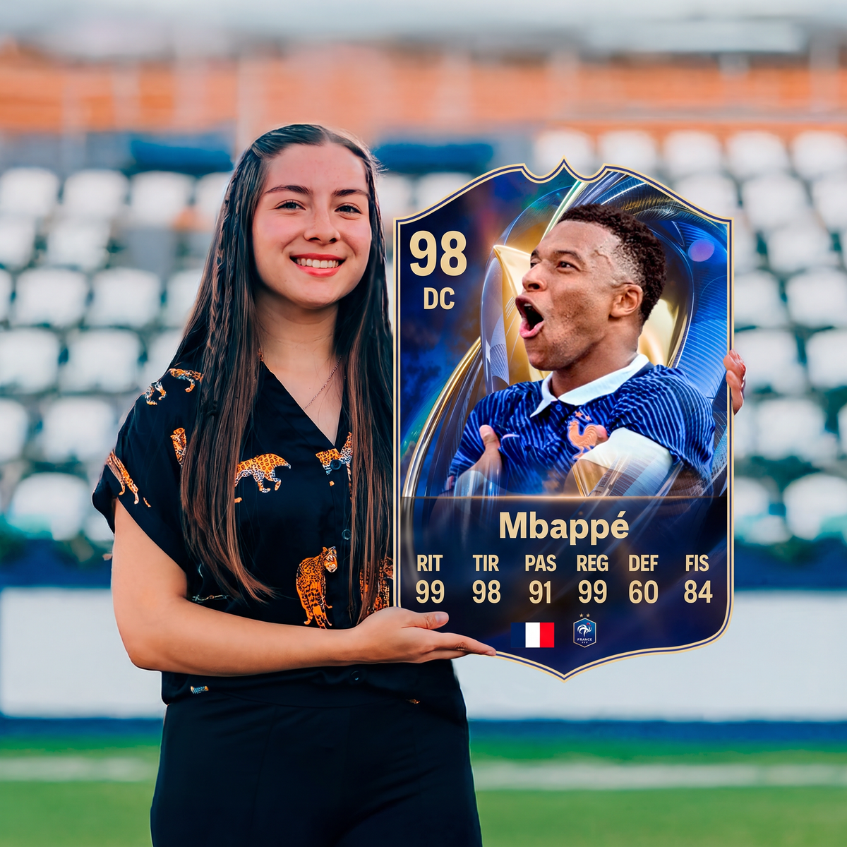Carta Mbappé TOTS FC26 sostenida en un estadio