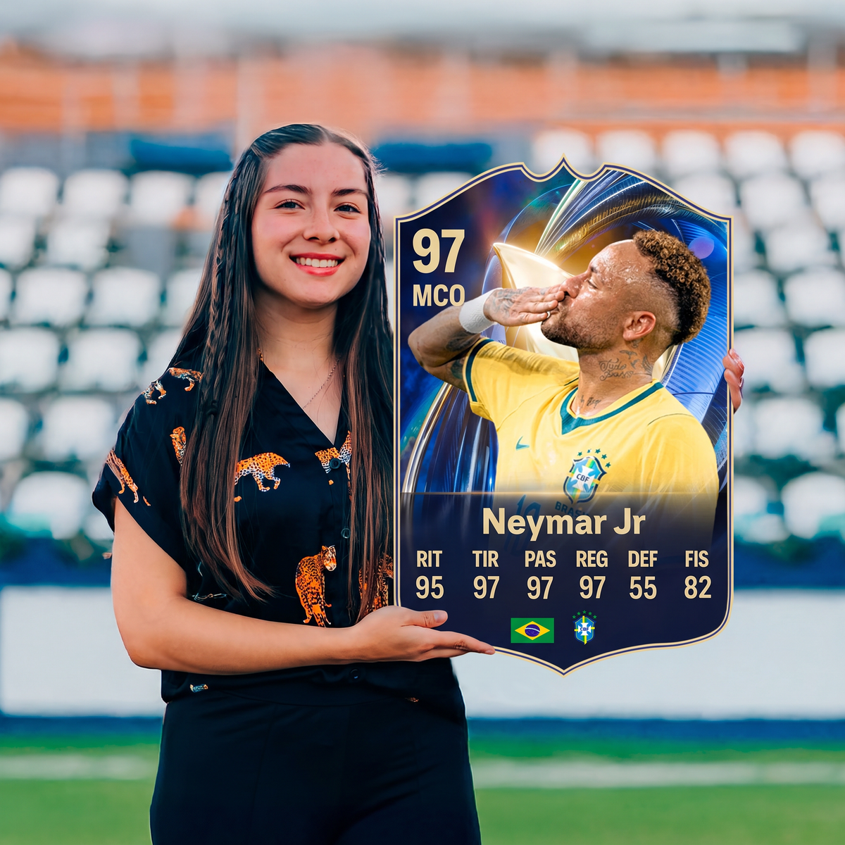 Carta Neymar Jr TOTS FC26 sostenida en un estadio