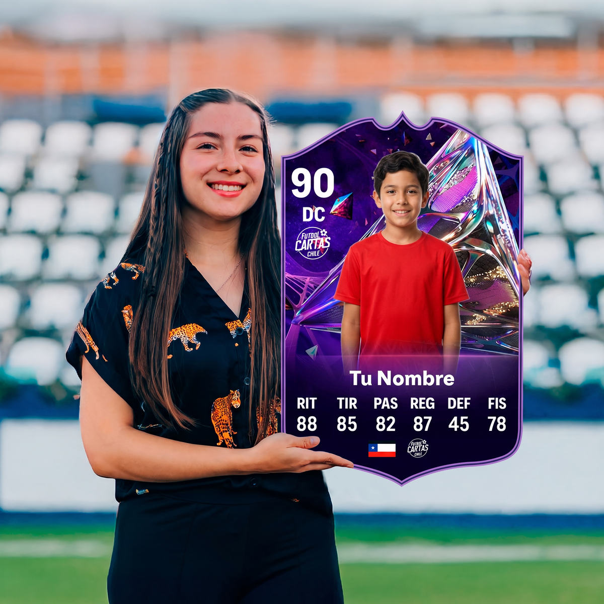 Chica sosteniendo su carta personalizada Future Star FC27 en el estadio