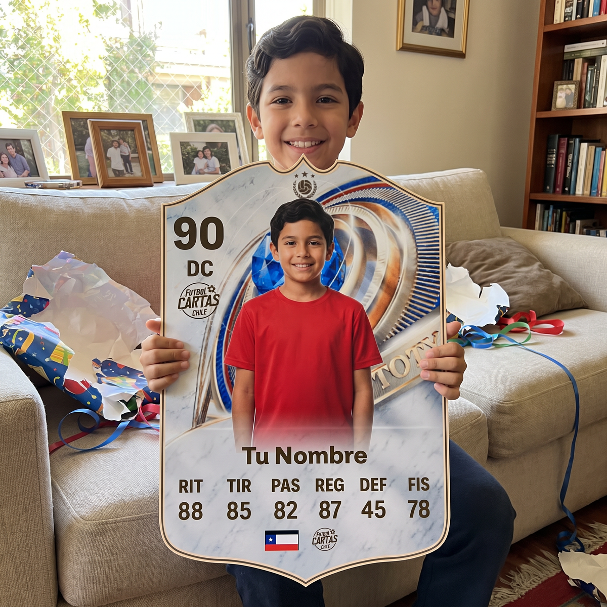 Niño feliz con su carta personalizada TOTY Icon FC26 de regalo