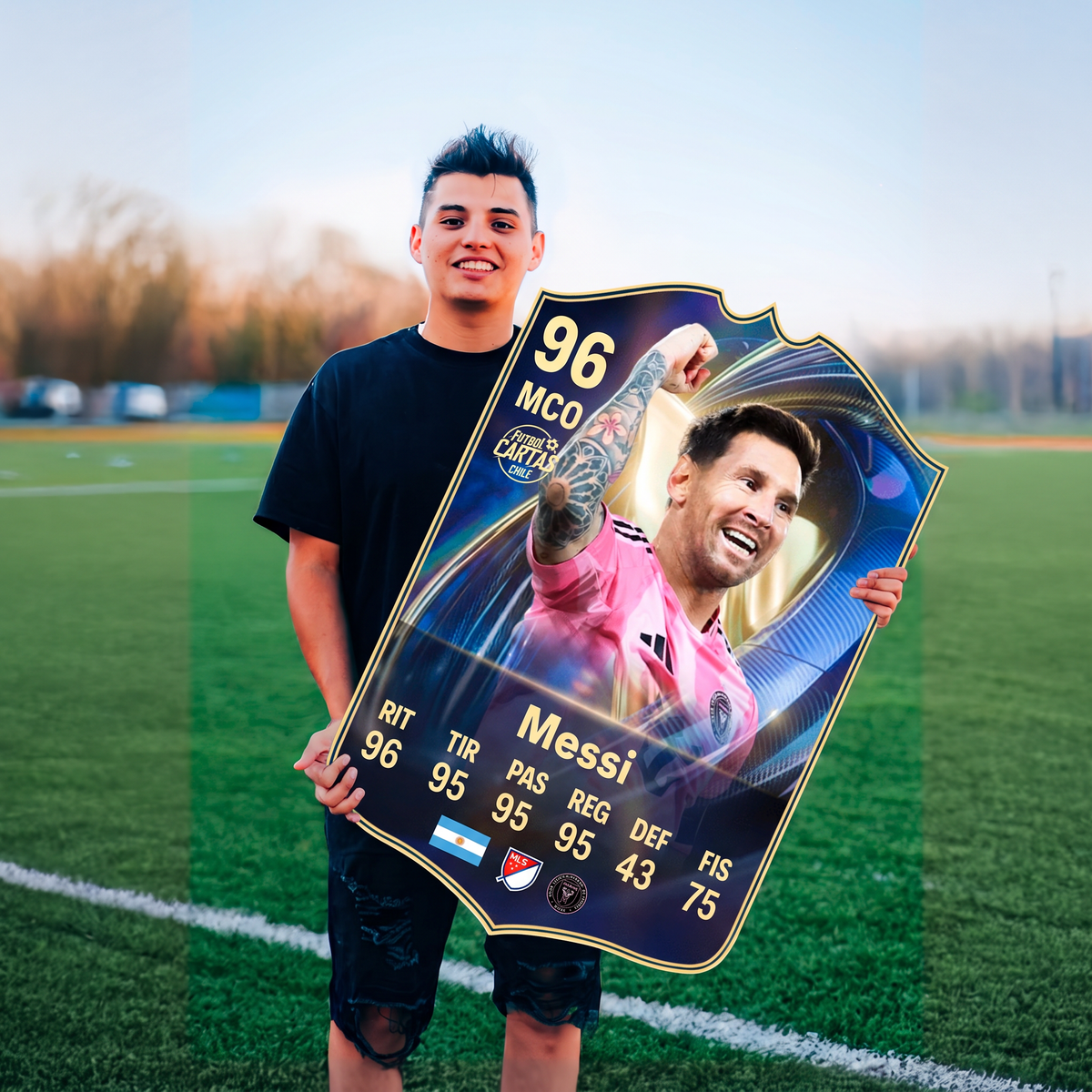 Carta Messi TOTS FC26 en una cancha de fútbol