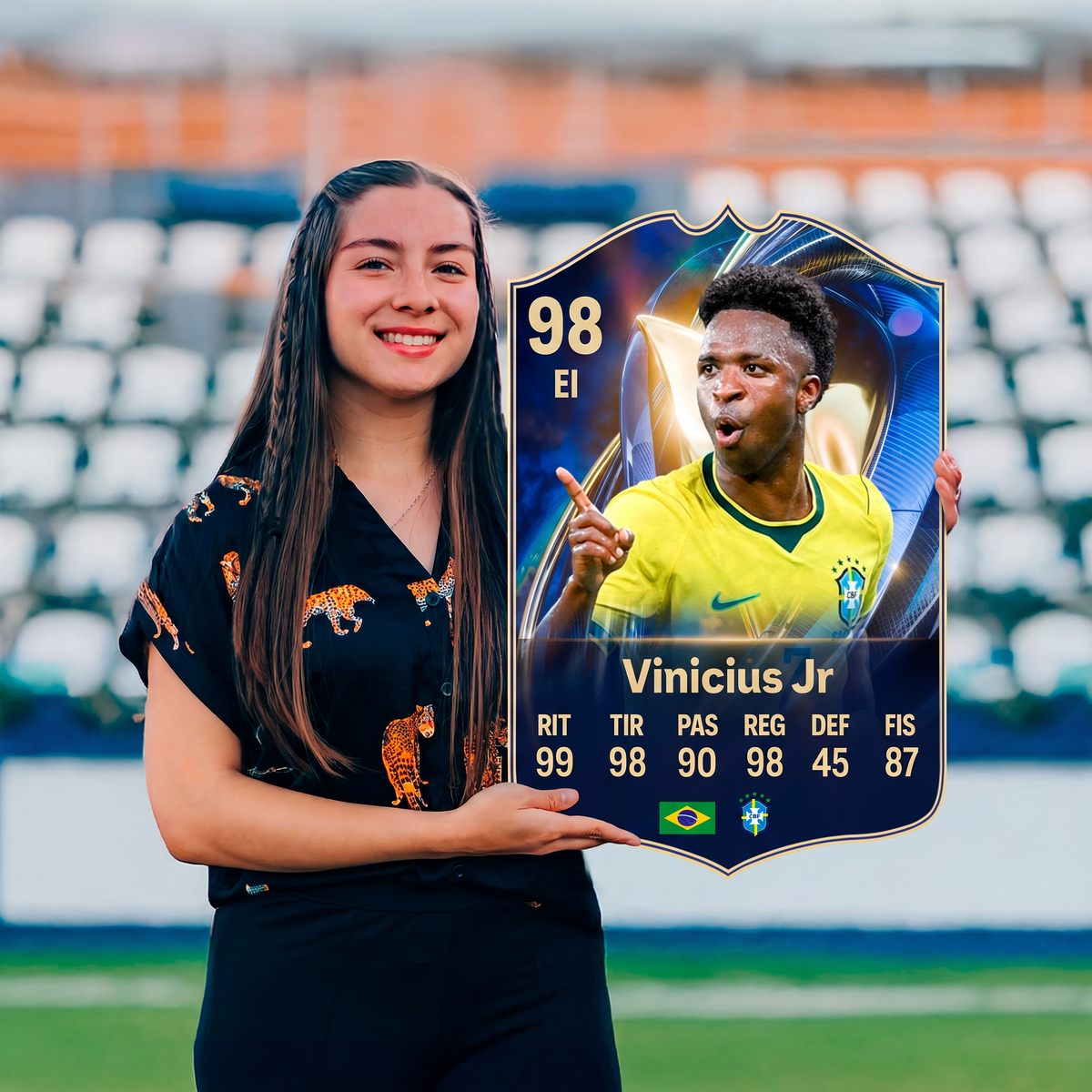 Carta Vinicius Jr TOTS FC26 sostenida en un estadio