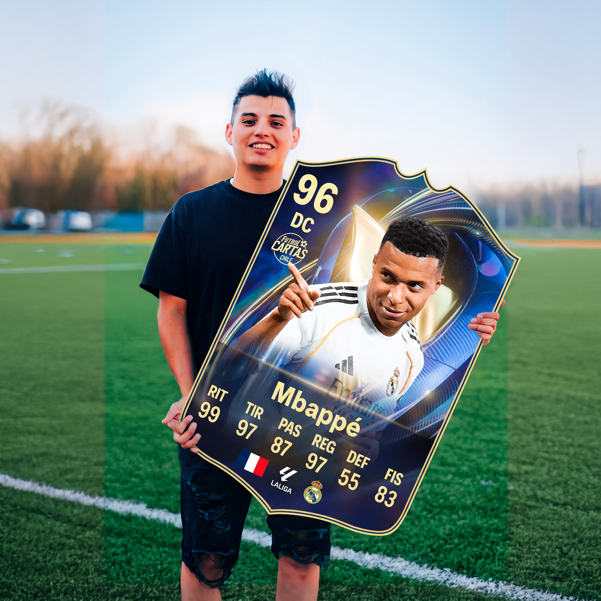 Carta Mbappé TOTS FC26 en una cancha de fútbol