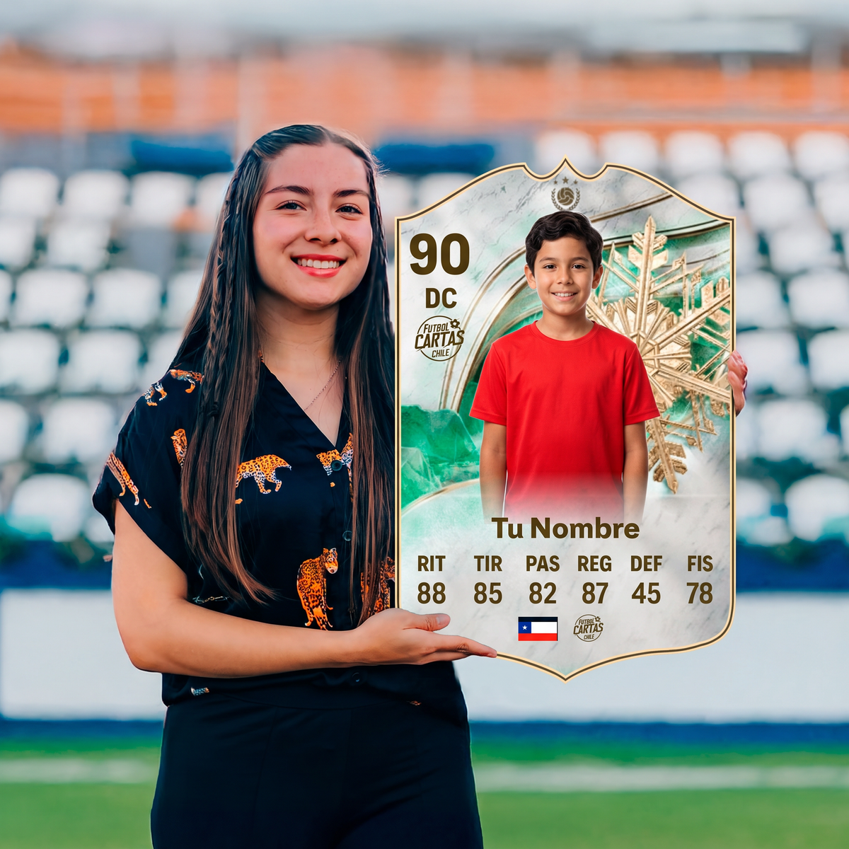 Chica sosteniendo su carta personalizada Winter Icon FC26 en el estadio