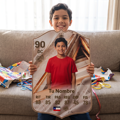 Niño feliz con su carta personalizada Icon Champion International FC27 de regalo