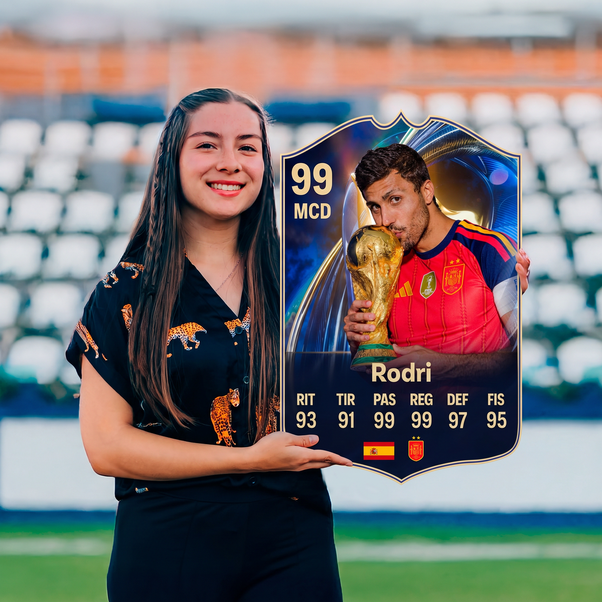 Carta Rodri TOTS FC26 sostenida en un estadio