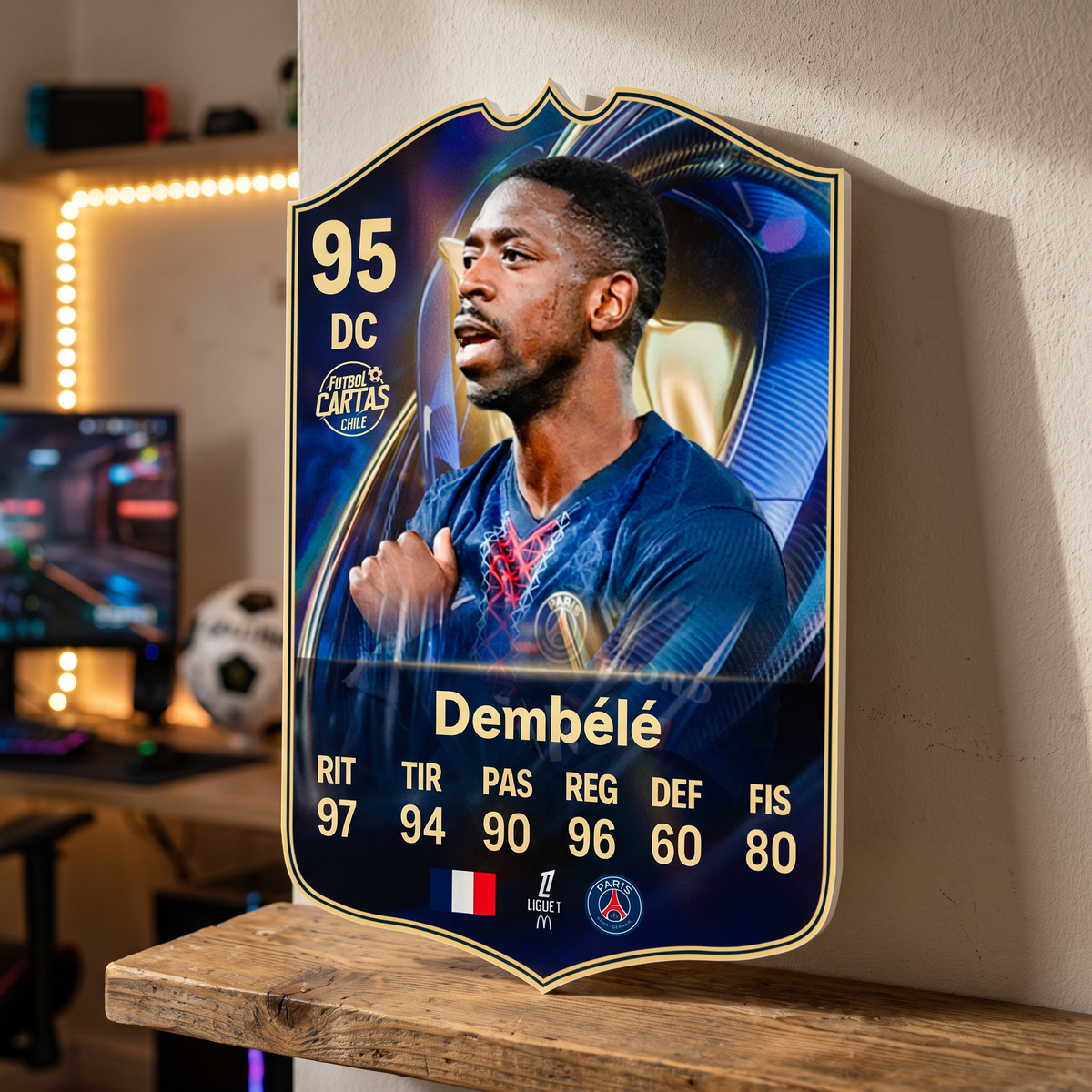 Carta Dembélé TOTS FC26 de decoración en una pieza gamer