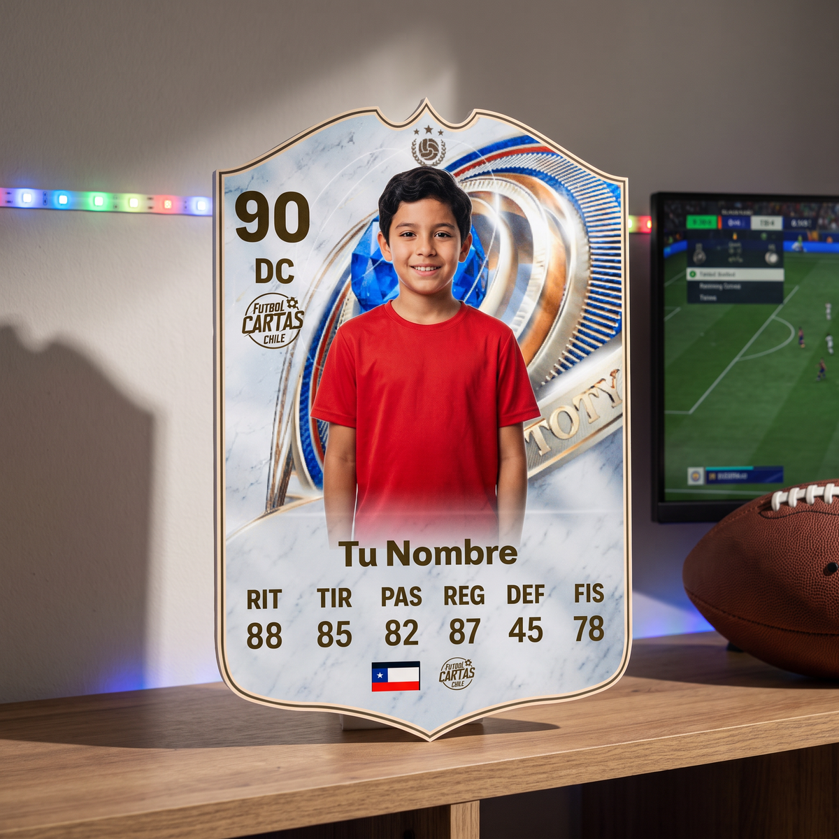 Carta personalizada TOTY Icon FC26 en el estante de una pieza gamer