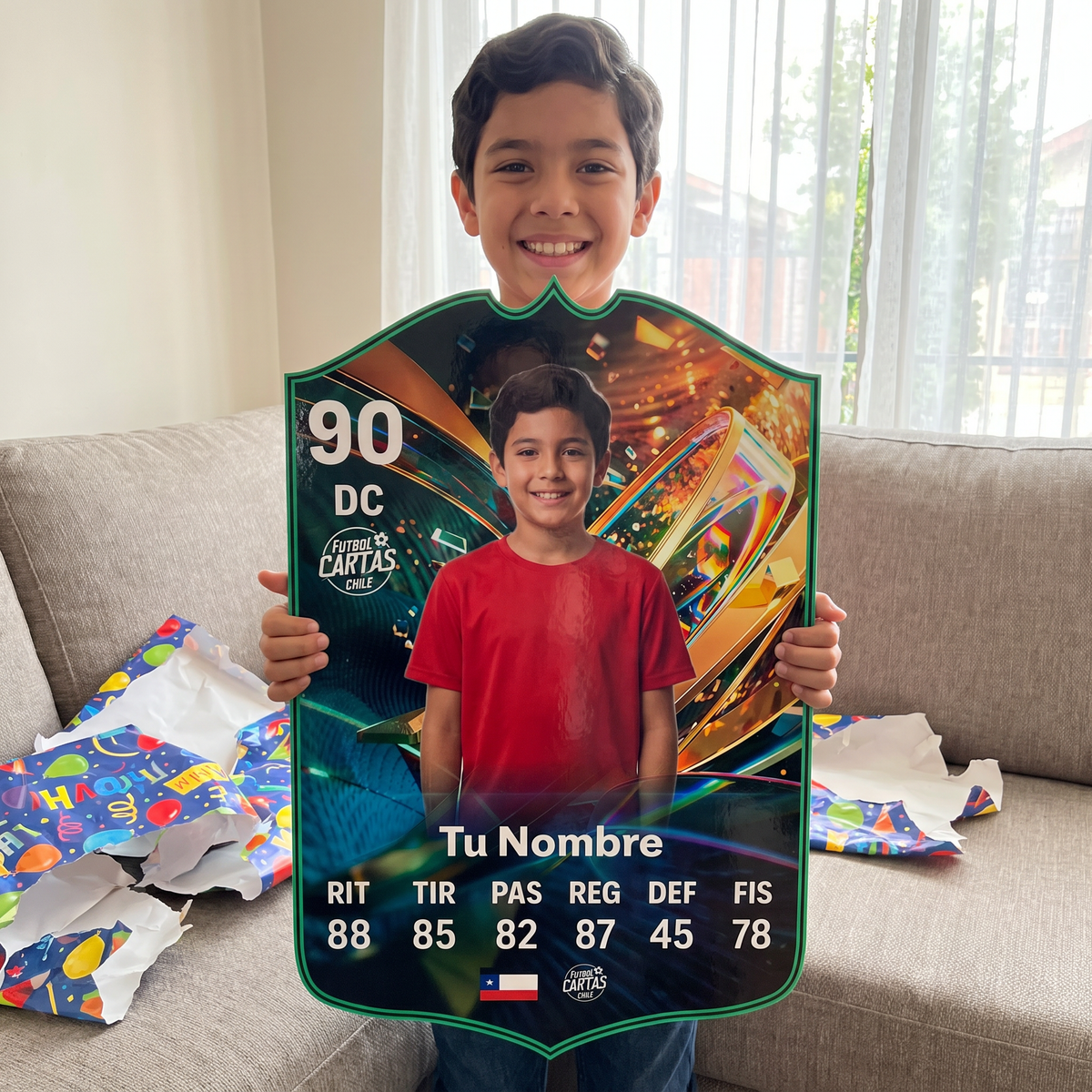 Niño feliz con su carta personalizada Destined for Glory FC27 de regalo