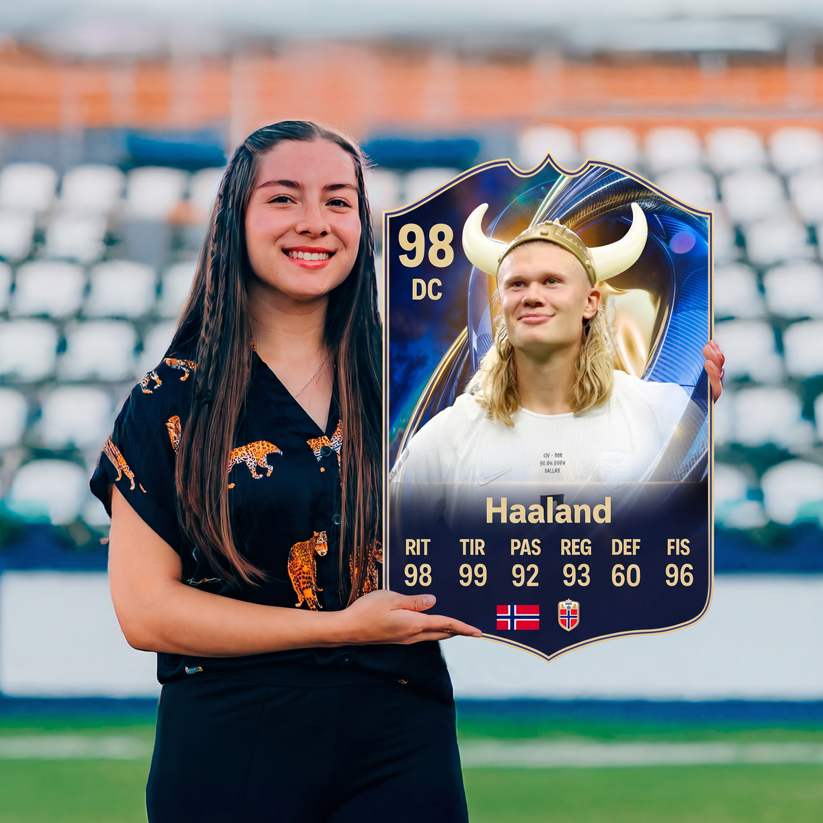 Carta Haaland TOTS FC26 sostenida en un estadio