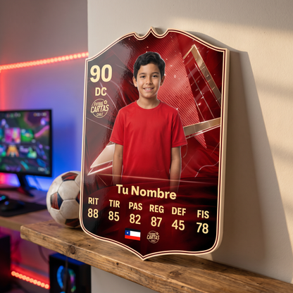 Carta personalizada FUT Champions FC27 en el estante de una pieza gamer