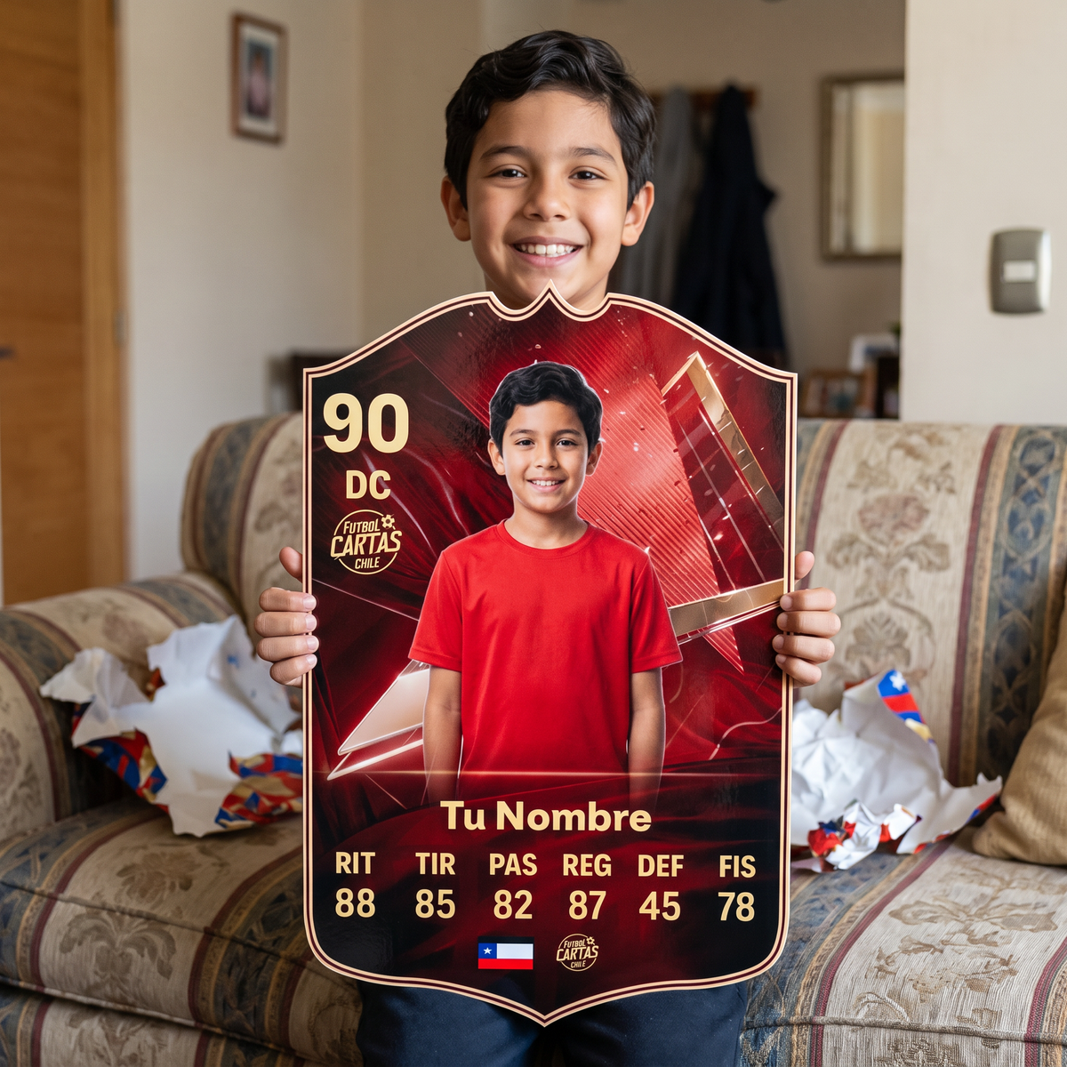 Niño feliz con su carta personalizada FUT Champions FC27 de regalo