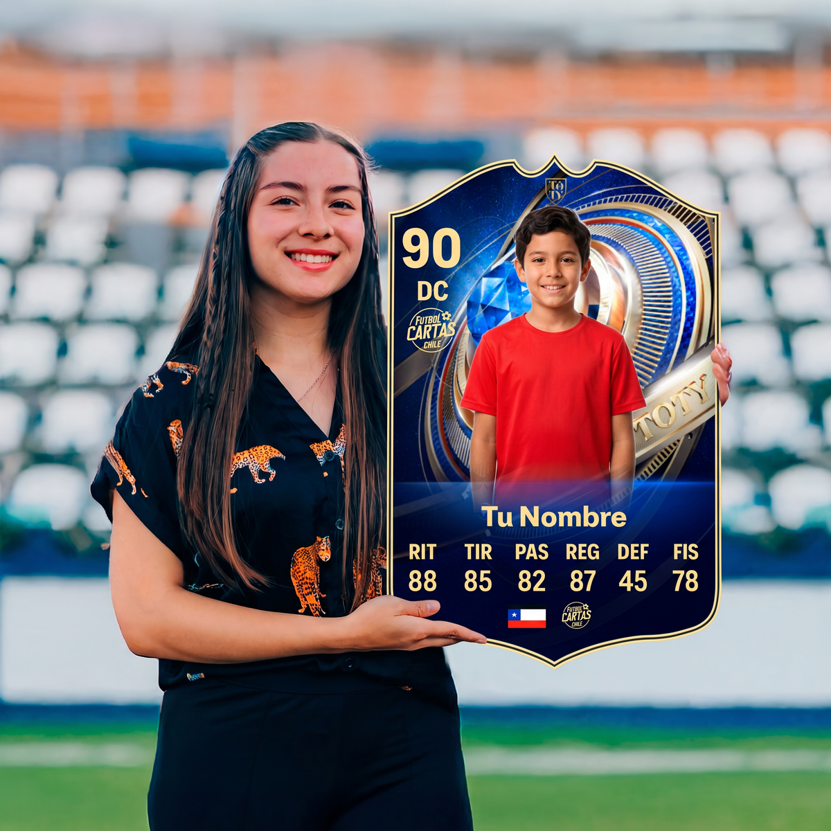 Chica sosteniendo su carta personalizada Team of the Year FC26 en el estadio