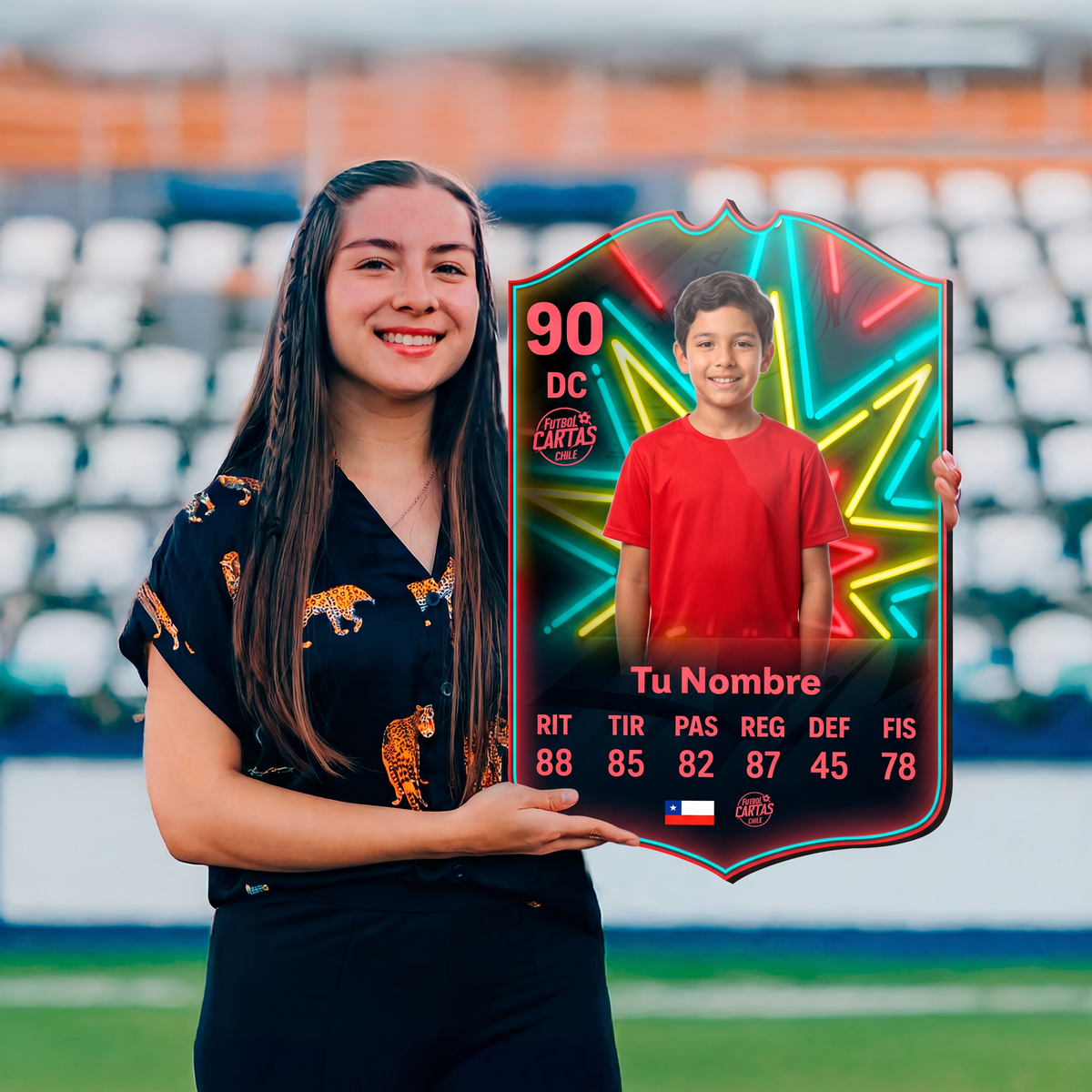 Chica sosteniendo su carta personalizada OTW Retro 20 FC27 en el estadio