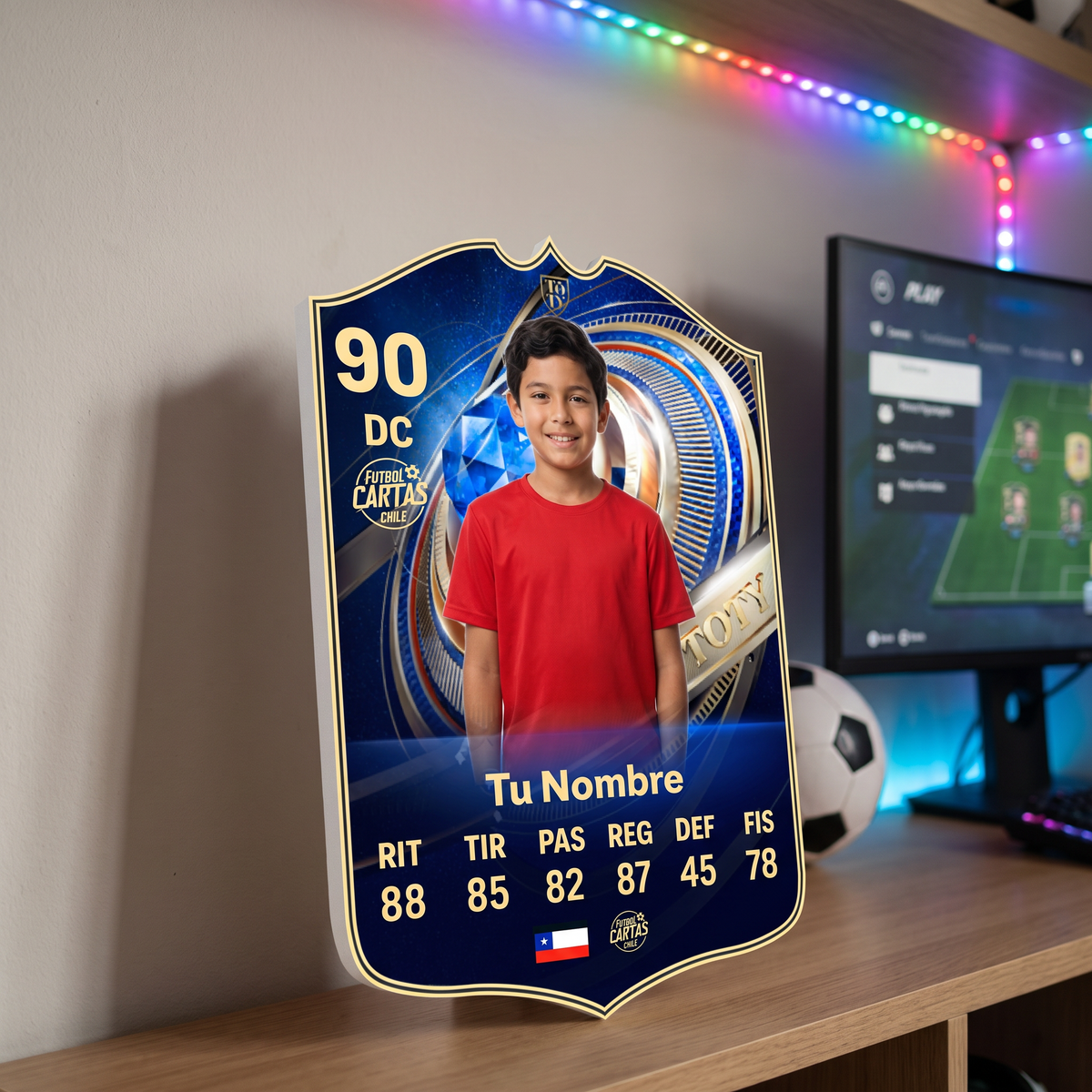 Carta personalizada Team of the Year FC26 en el estante de una pieza gamer