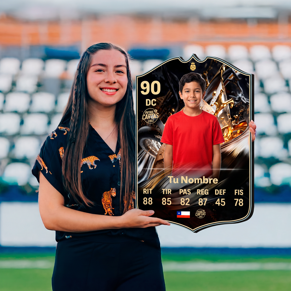 Chica sosteniendo su carta personalizada Trophy Titans Icon FC26 en el estadio