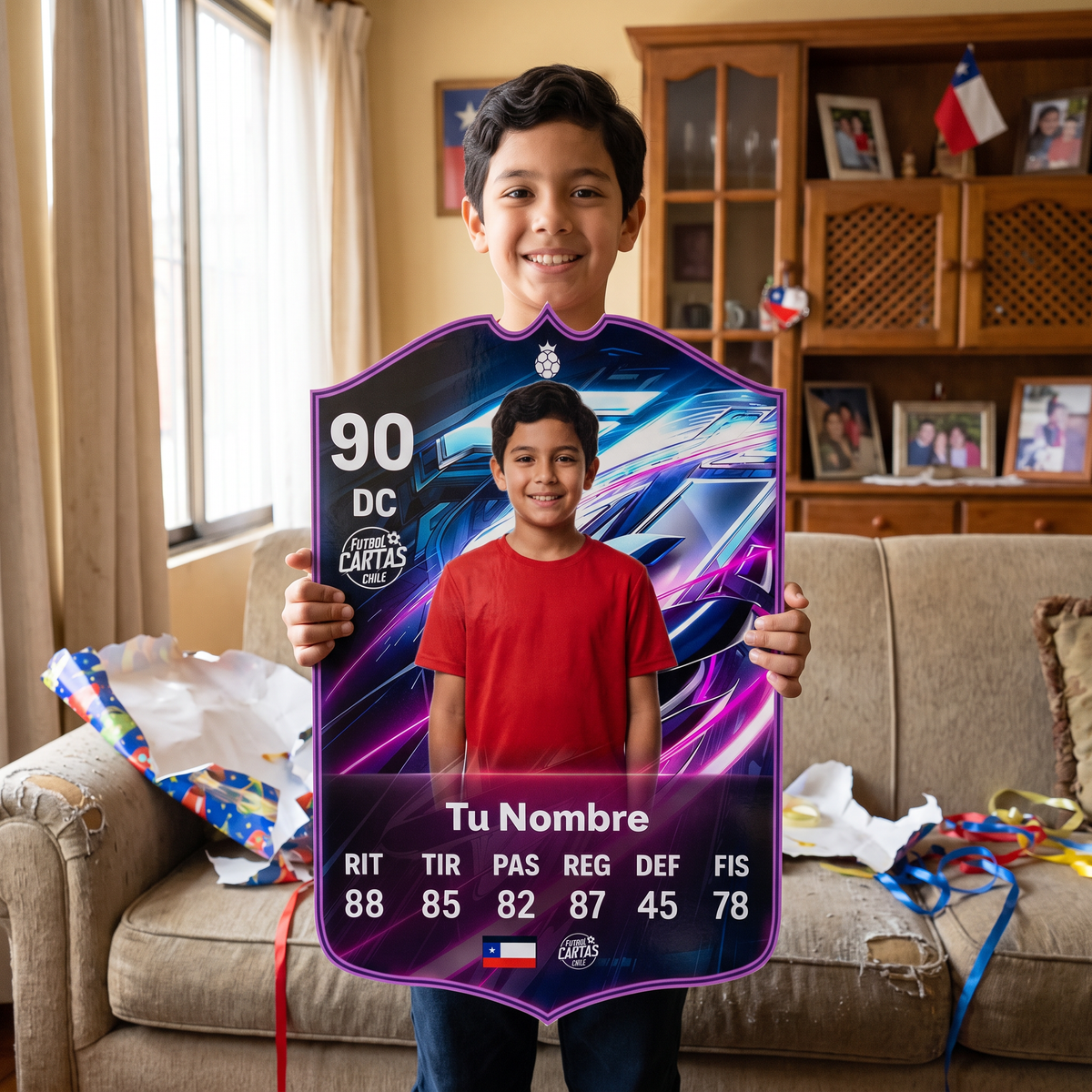 Niño feliz con su carta personalizada Flashback FC27 de regalo