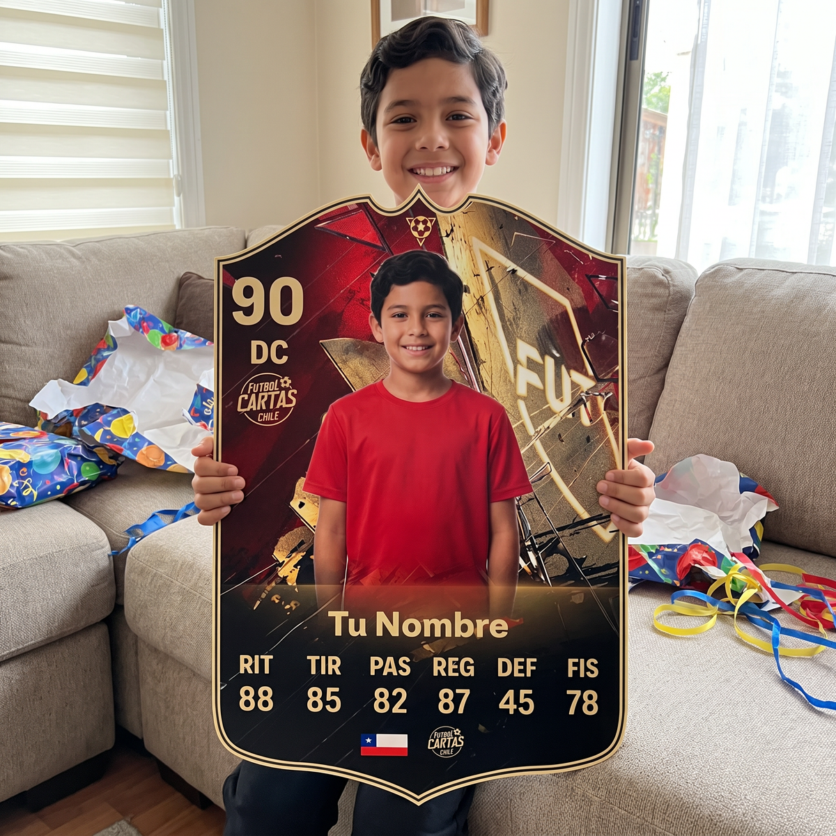 Niño feliz con su carta personalizada Hall of FUT FC27 de regalo
