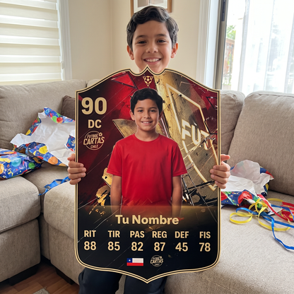 Niño feliz con su carta personalizada Hall of FUT FC27 de regalo