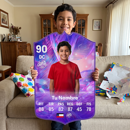 Niño feliz con su carta personalizada FUT Fantasy FC26 de regalo