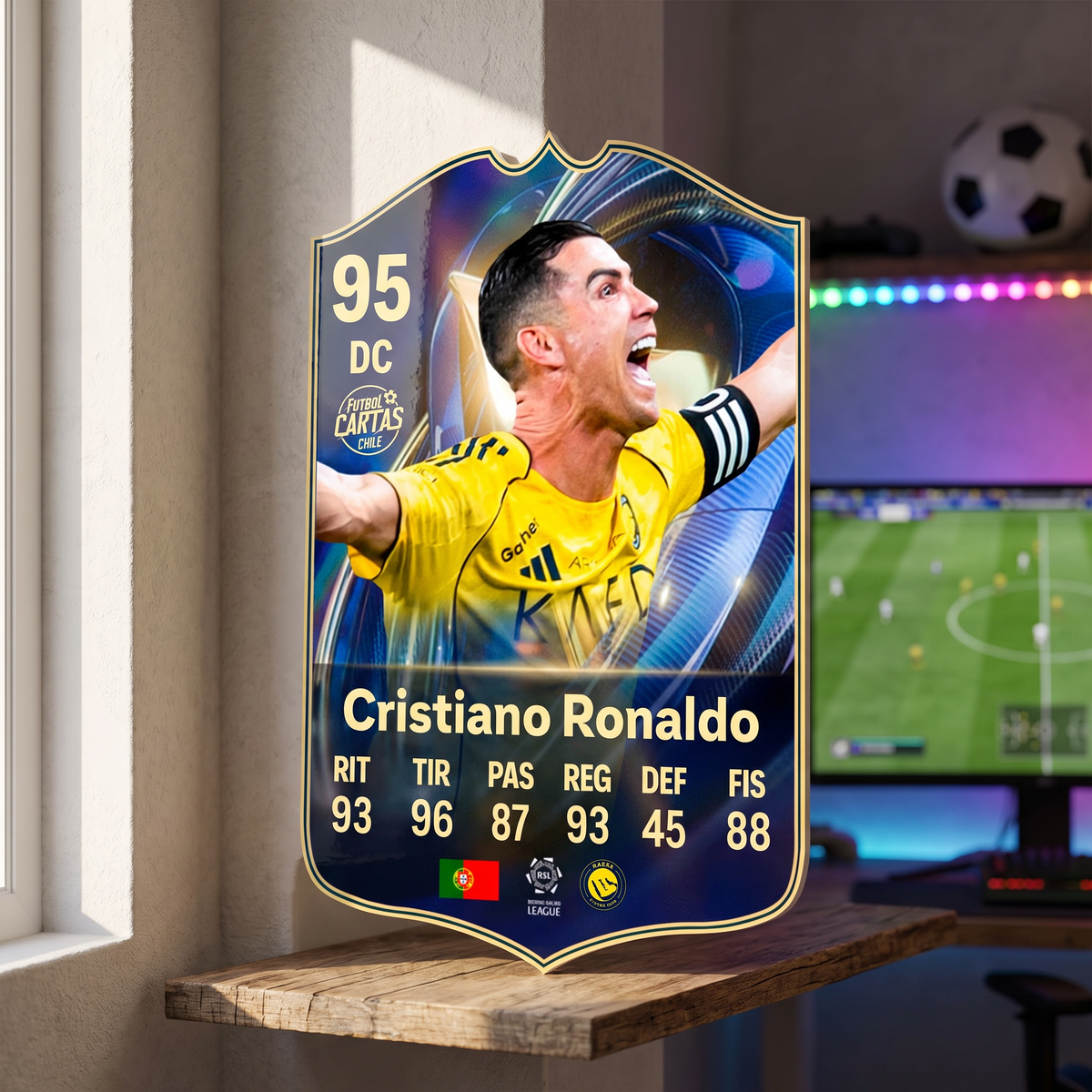 Carta Cristiano Ronaldo TOTS FC26 de decoración en una pieza gamer
