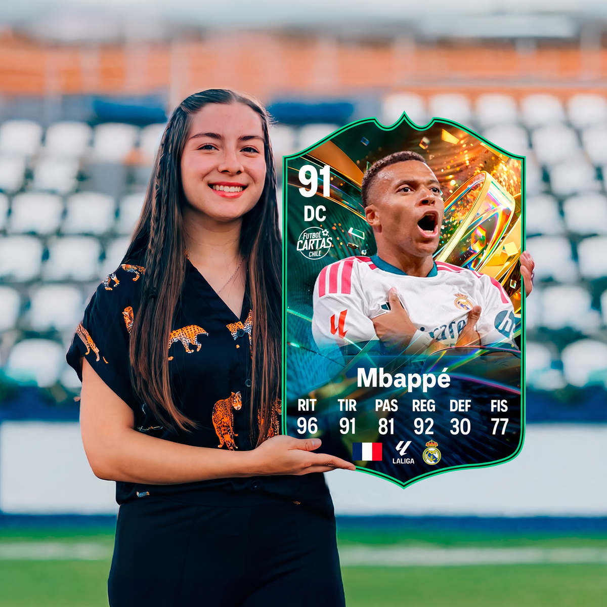 Carta Mbappé Destined for Glory FC27 sostenida en un estadio