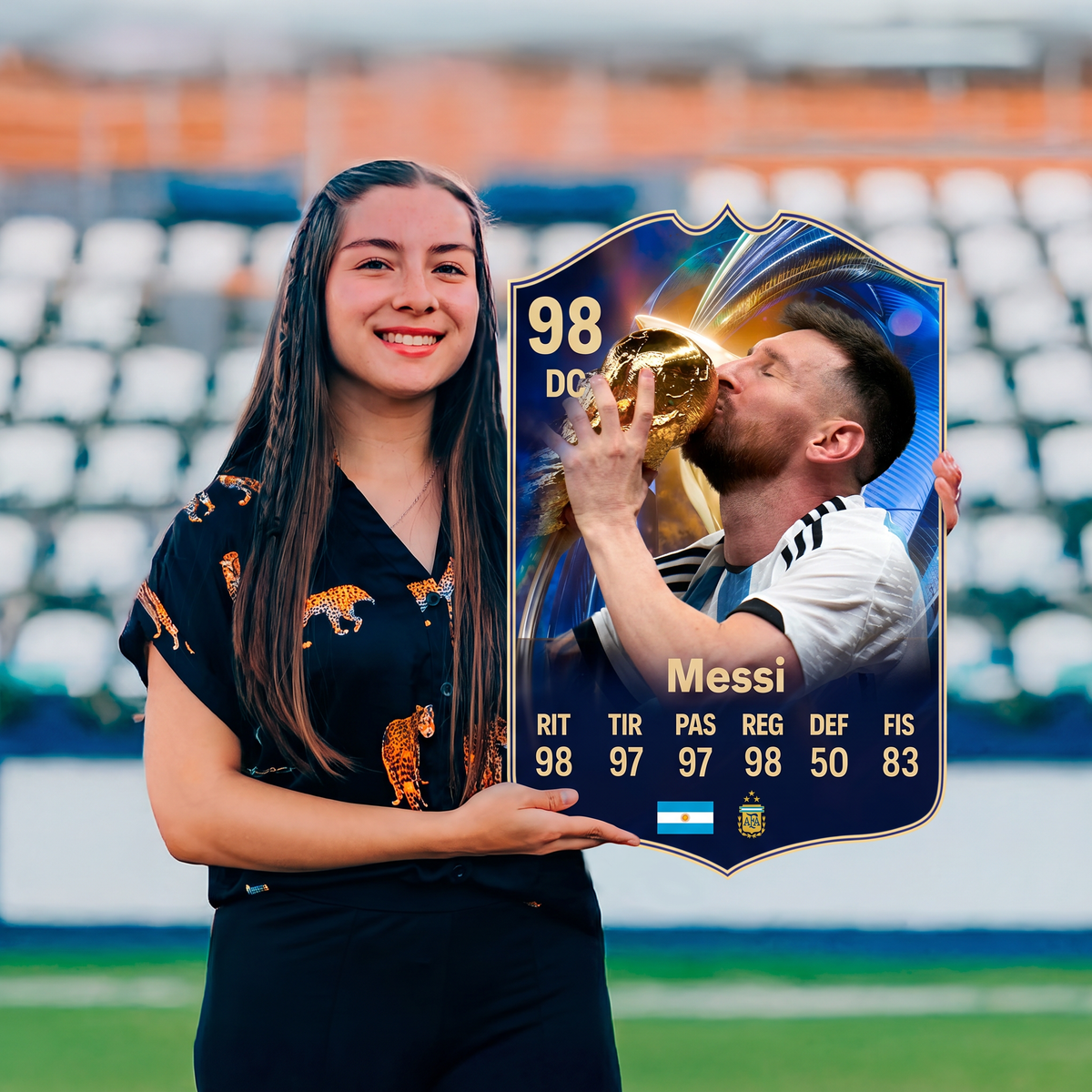 Carta Messi TOTS FC26 sostenida en un estadio