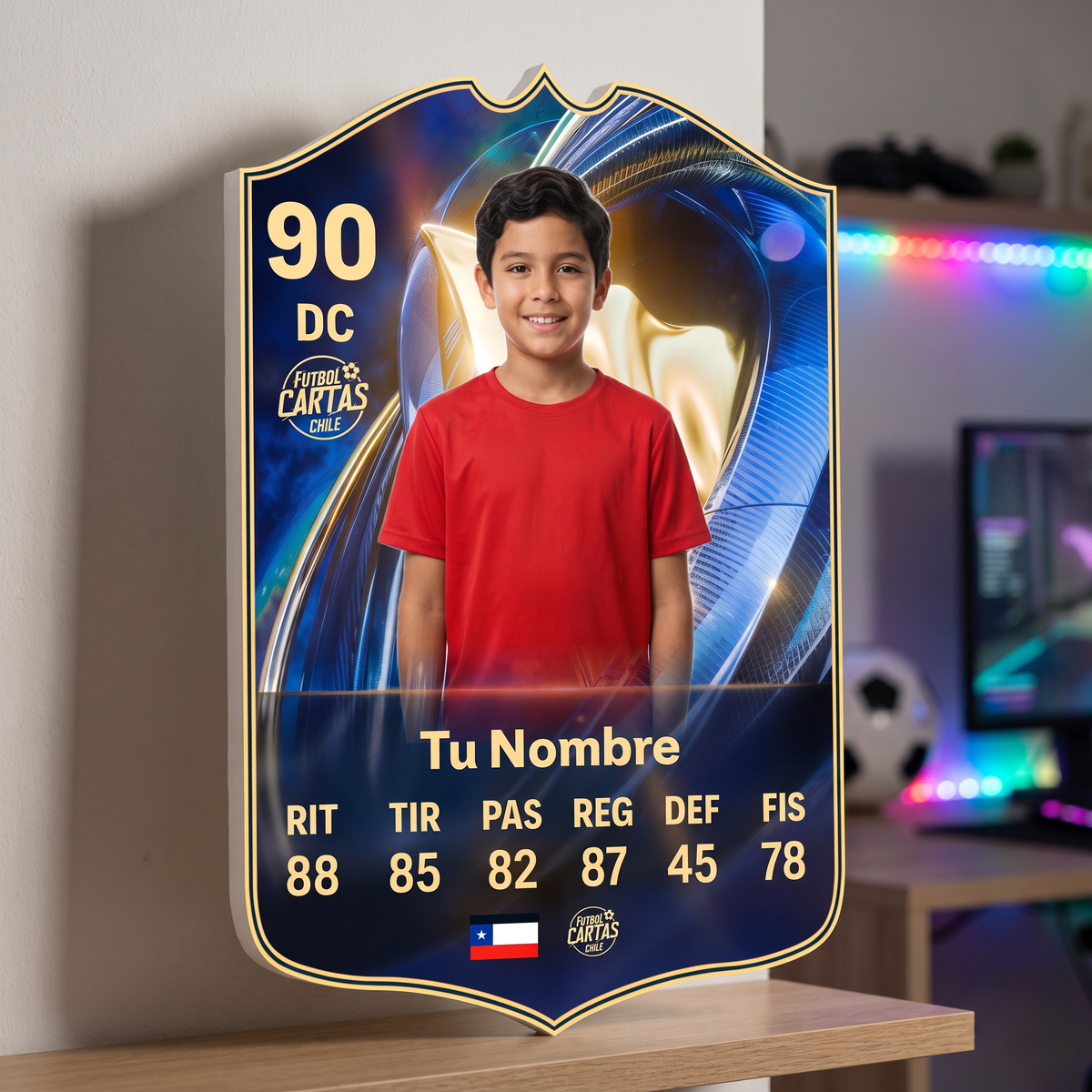 Carta personalizada Team of the Season FC26 en el estante de una pieza gamer