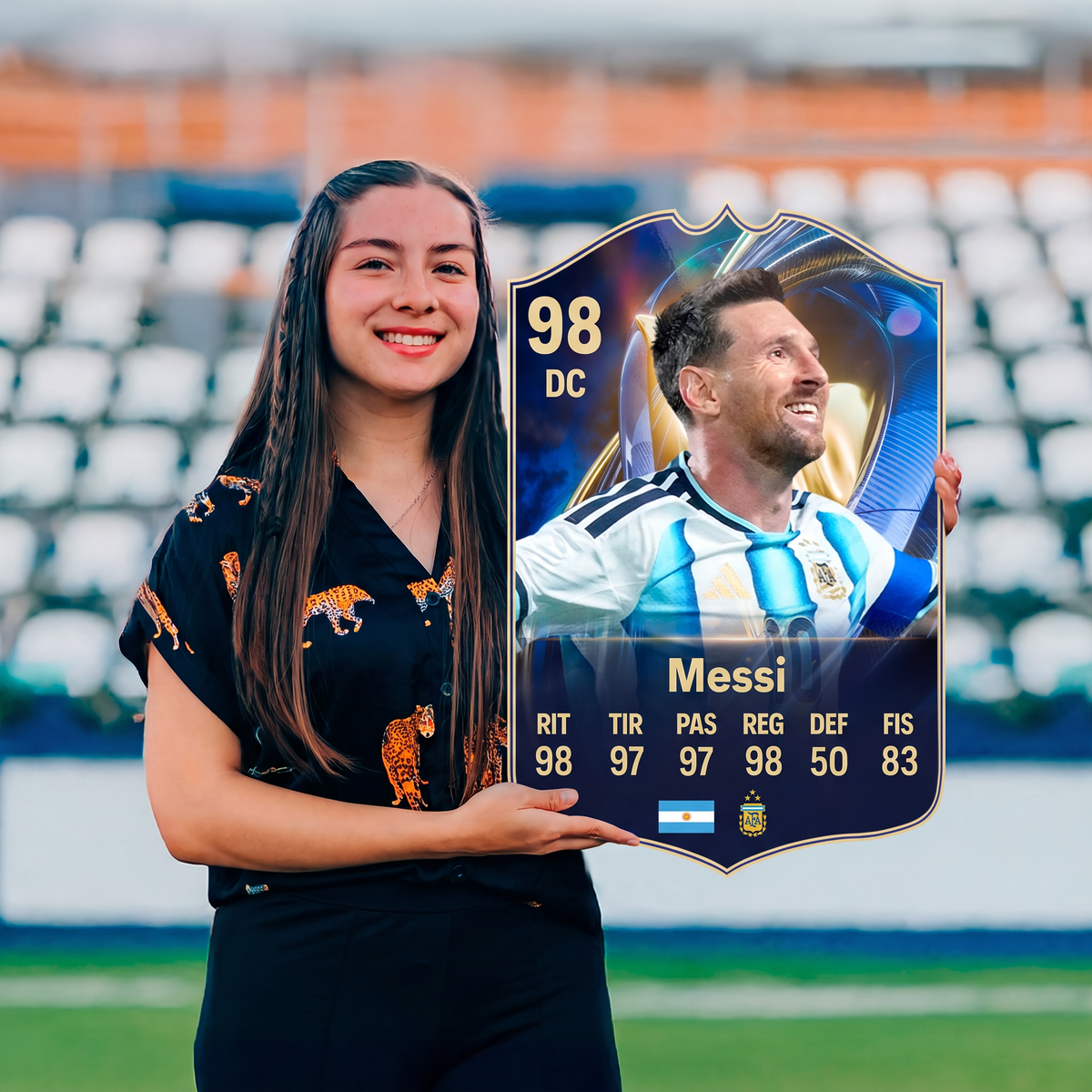 Carta Messi TOTS FC26 sostenida en un estadio