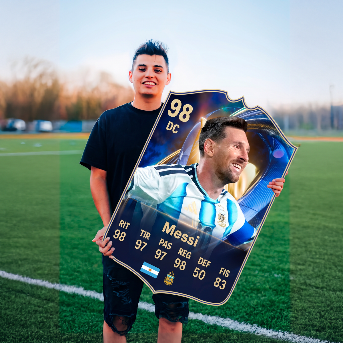 Carta Messi TOTS FC26 en una cancha de fútbol