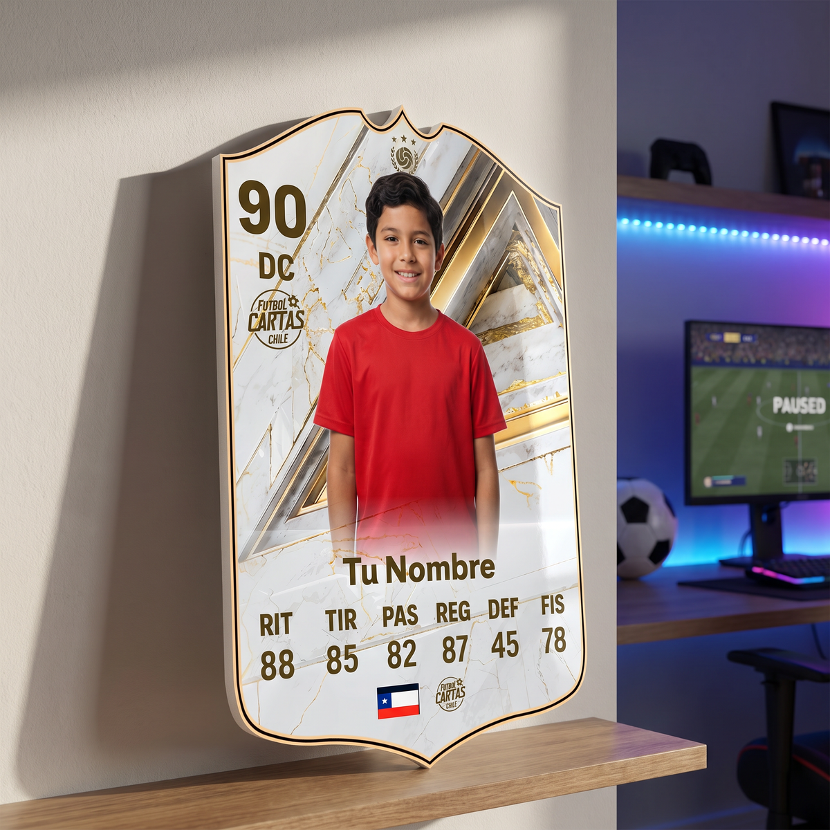 Carta personalizada Icono FC27 en el estante de una pieza gamer