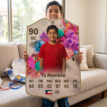 Niño feliz con su carta personalizada FUT Birthday Icon FC26 de regalo