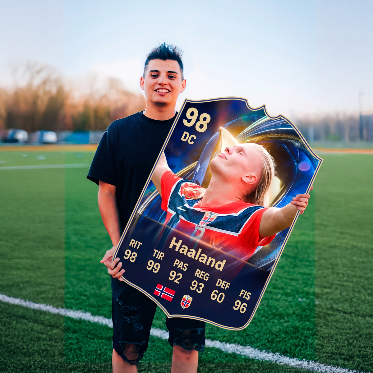 Carta Haaland TOTS FC26 en una cancha de fútbol