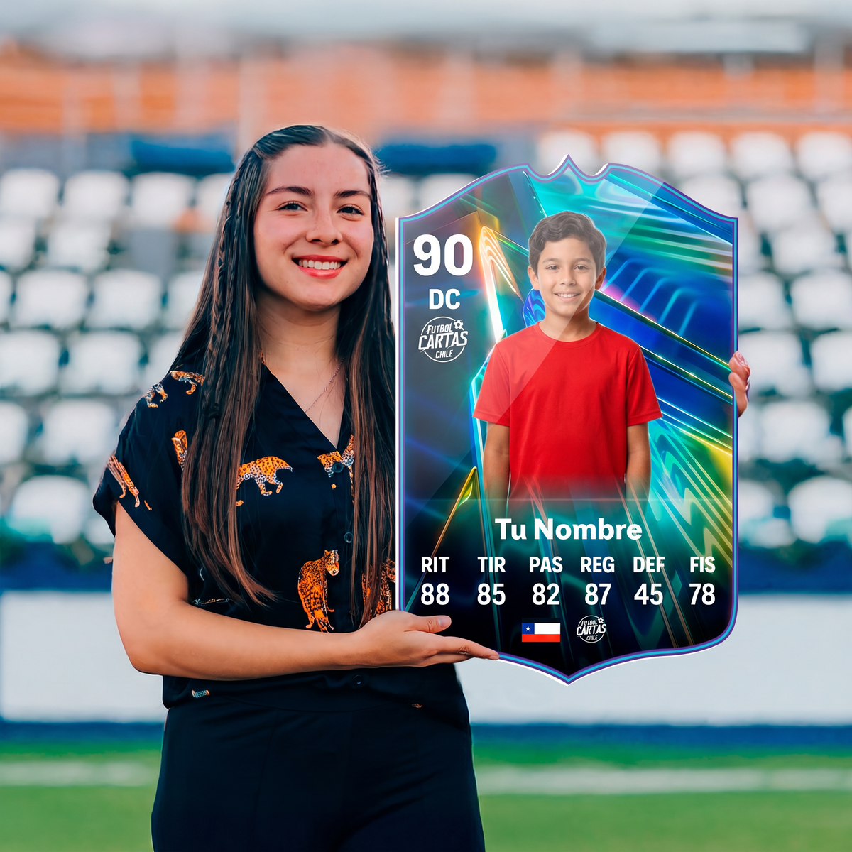 Chica sosteniendo su carta personalizada Ones to Watch FC27 en el estadio