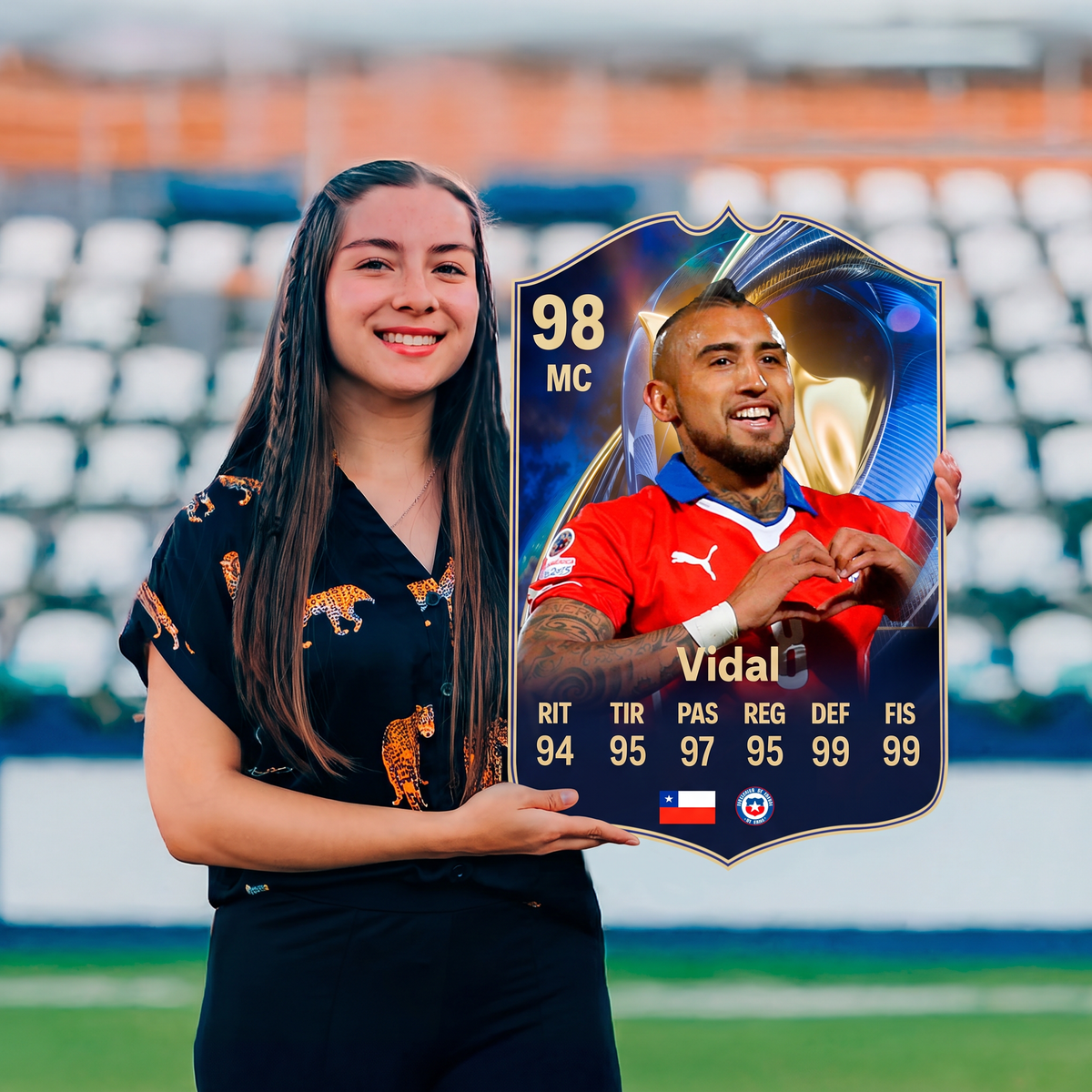 Carta Arturo Vidal TOTS FC26 sostenida en un estadio