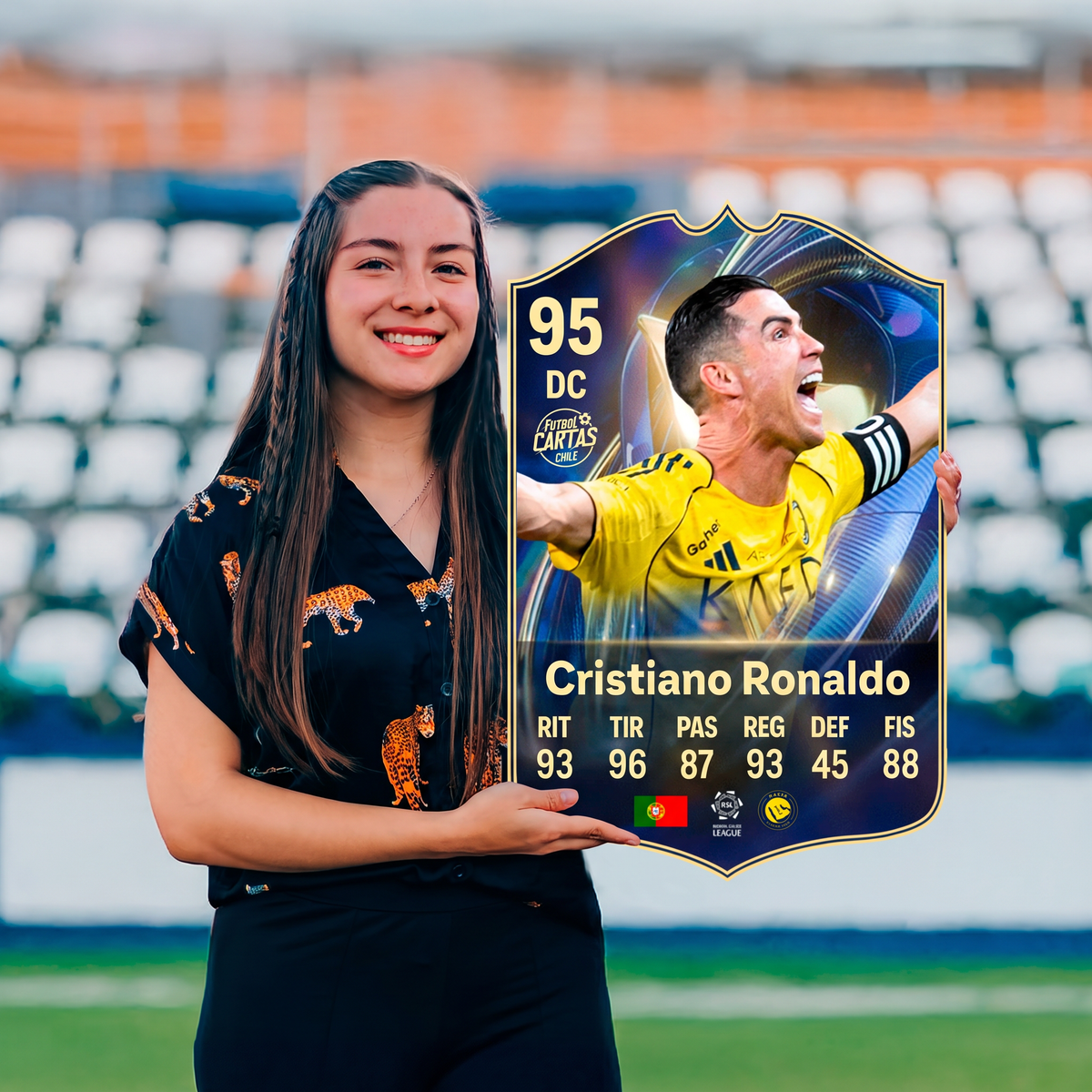 Carta Cristiano Ronaldo TOTS FC26 sostenida en un estadio