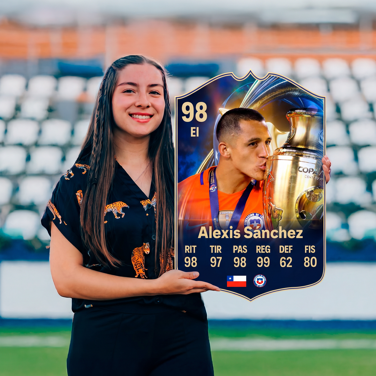 Carta Alexis Sánchez TOTS FC26 sostenida en un estadio