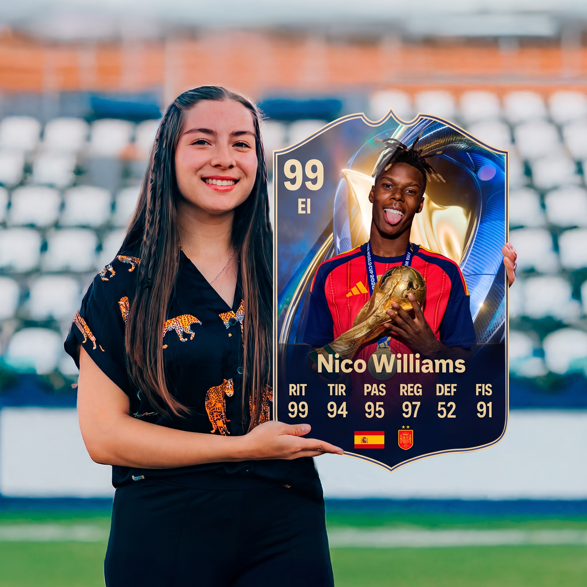 Carta Nico Williams TOTS FC26 sostenida en un estadio