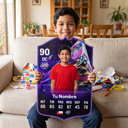 Niño feliz con su carta personalizada Future Star FC27 de regalo