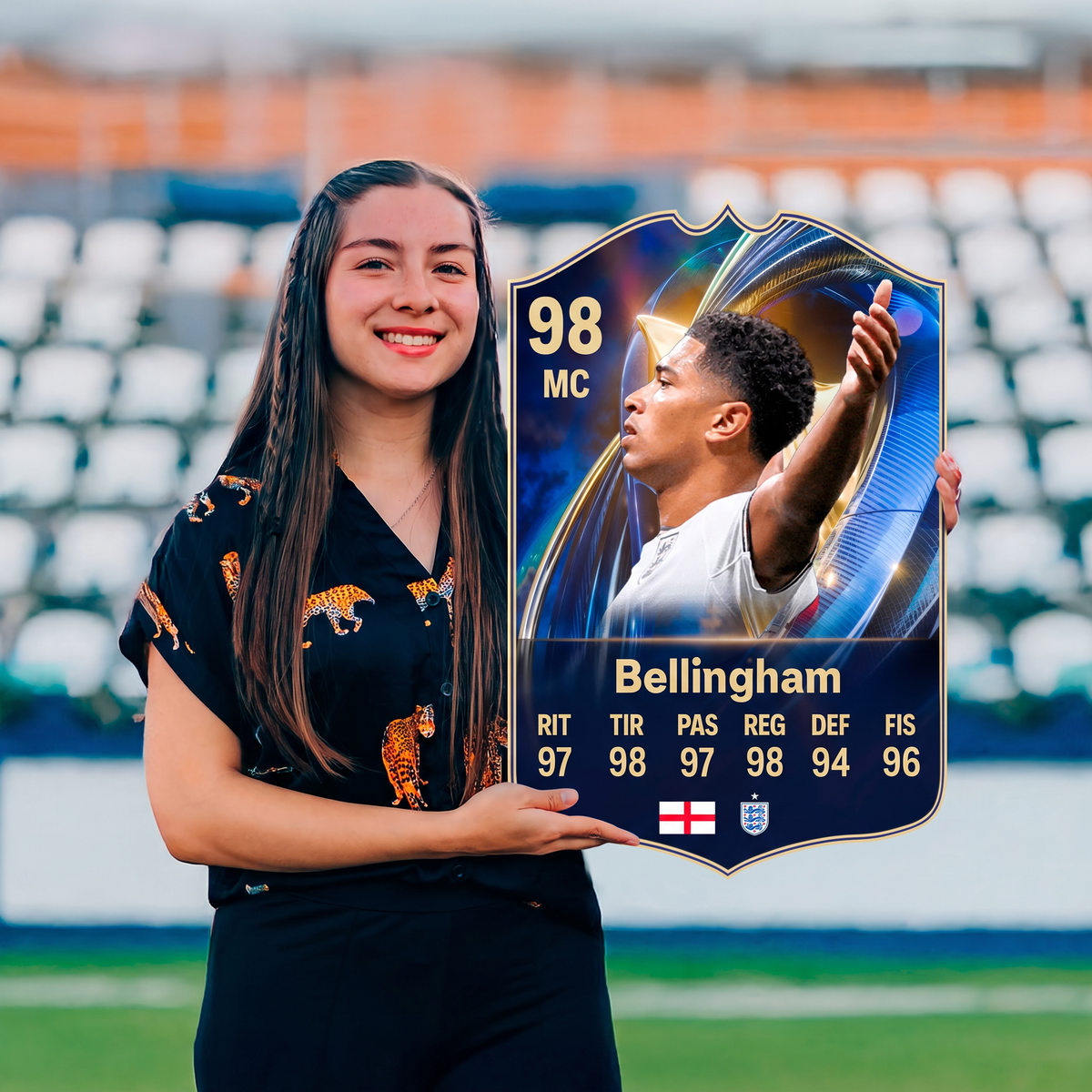 Carta Bellingham TOTS FC26 sostenida en un estadio