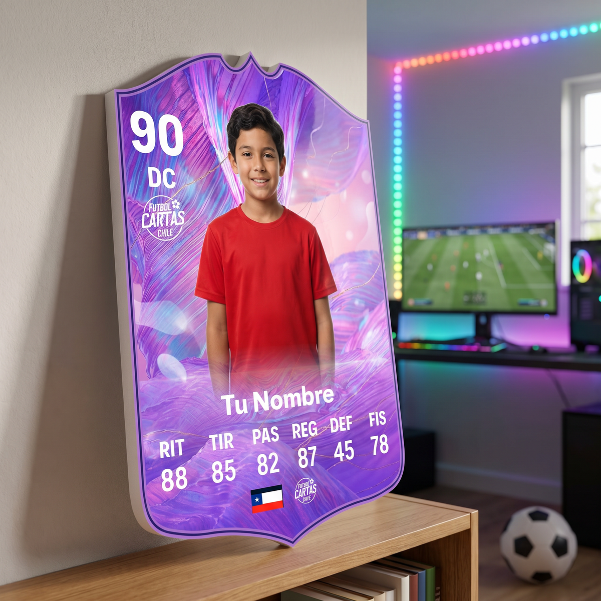 Carta personalizada FUT Fantasy FC26 en el estante de una pieza gamer