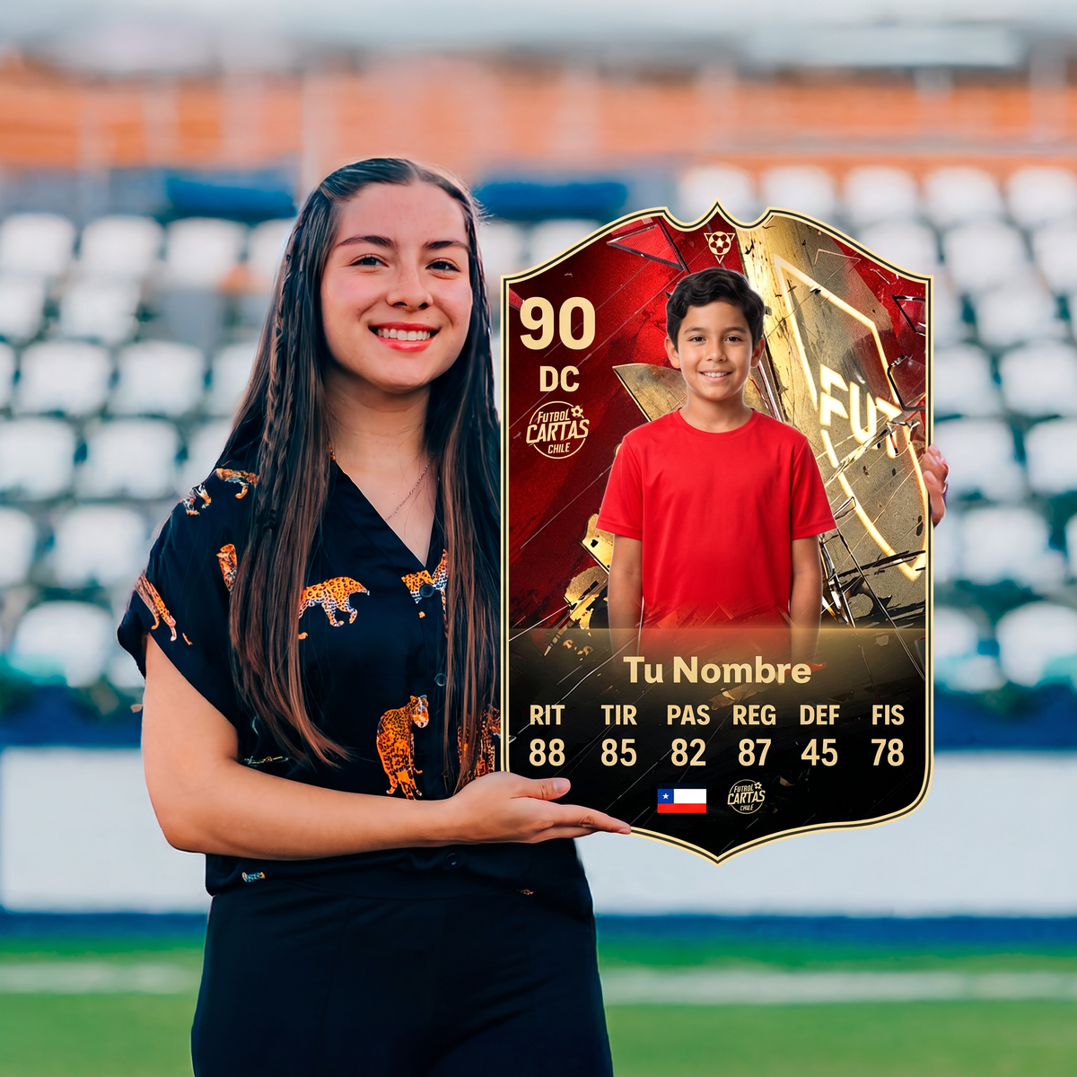 Chica sosteniendo su carta personalizada Hall of FUT FC27 en el estadio
