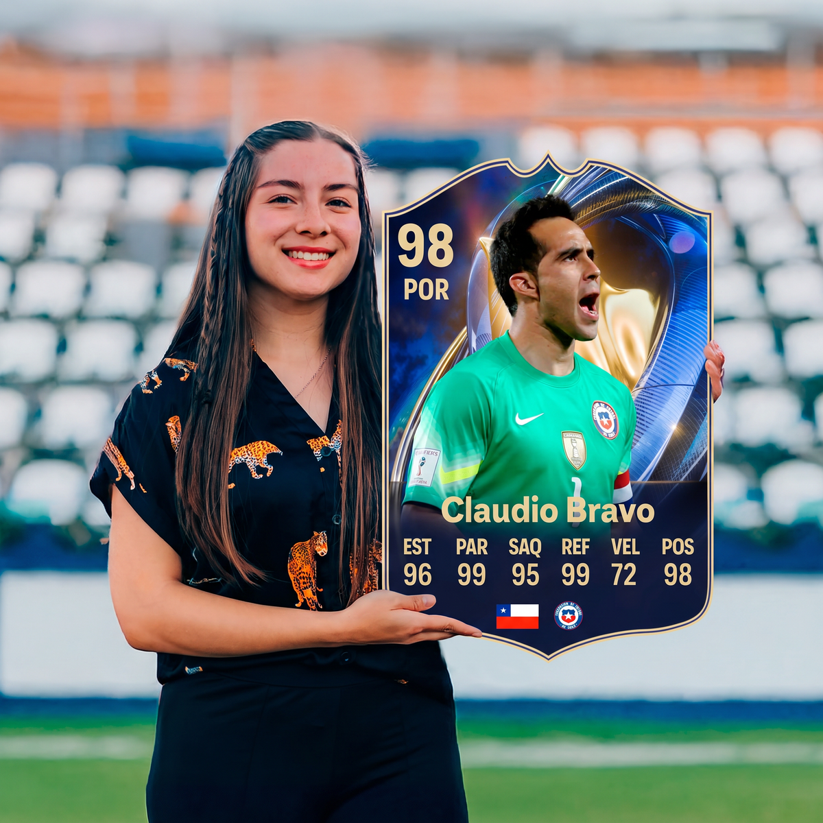 Carta Claudio Bravo TOTS FC26 sostenida en un estadio