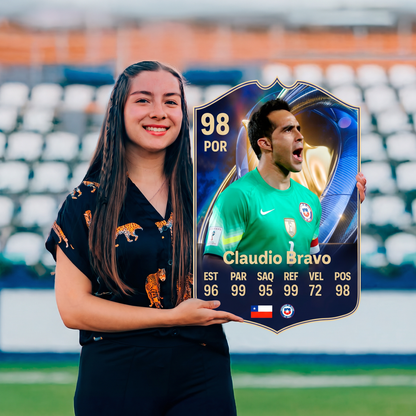 Carta Claudio Bravo TOTS FC26 sostenida en un estadio